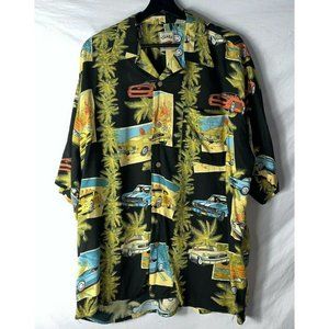 Island Collection Mens Hawaiian Button Up Shirt Size L Palm Trees Hot Rod Cars